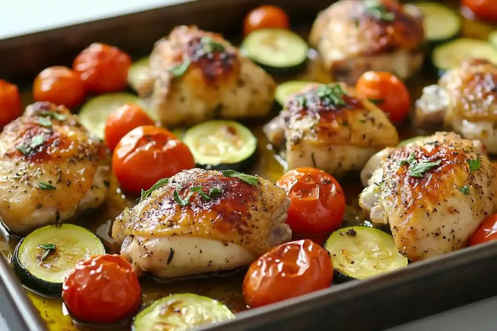 Spicy sheet pan dinners gochujang chicken with broccoli and carrots on a baking sheet.