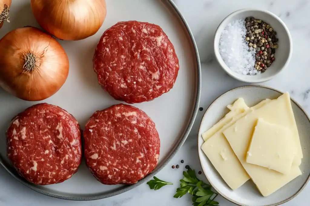 all the essential ingredients for a Classic Cheeseburger: a freshly formed 80/20 beef patty, toasted burger buns, a melting slice of cheddar cheese, crisp lettuce, juicy tomato slices, thinly sliced red onions, and tangy pickles,