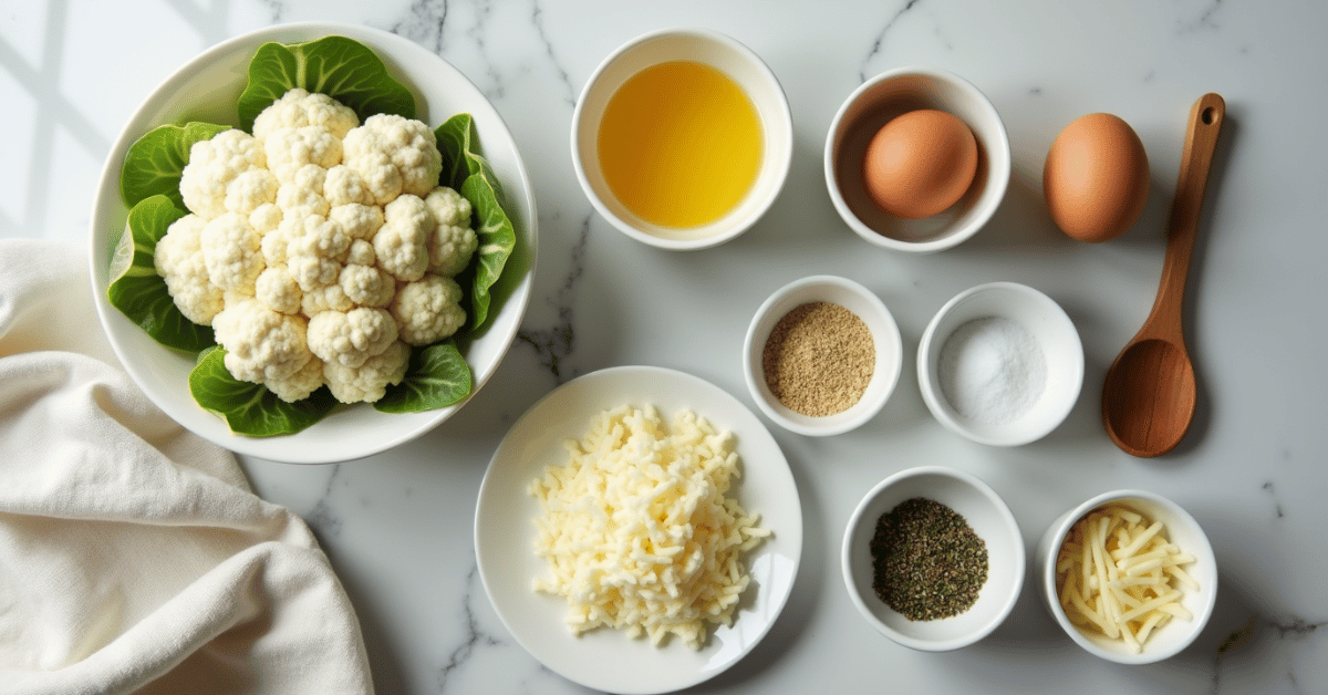 Fresh cauliflower, eggs, cheese, and spices laid out for cauliflower pizza crust preparation.