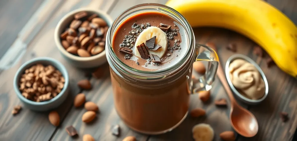 Close-up of a chocolate smoothie topped with chia seeds, chocolate shavings, and a banana slice for added texture and flavor.