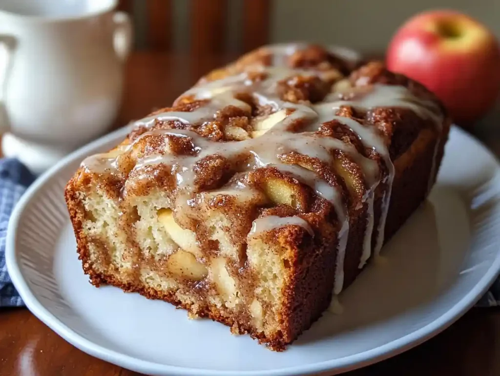 Freshly baked cinnamon swirl apple fritter bread with a golden crust and visible swirls of cinnamon.