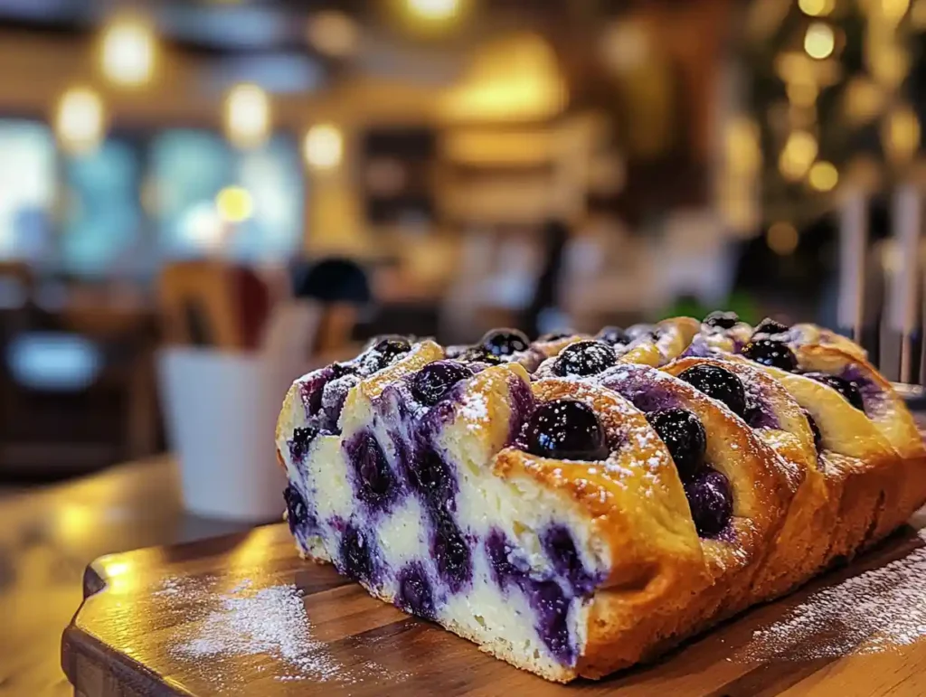 A slice of Lemon Blueberry Swirl Bread showing its tender crumb and vibrant blueberry swirls.