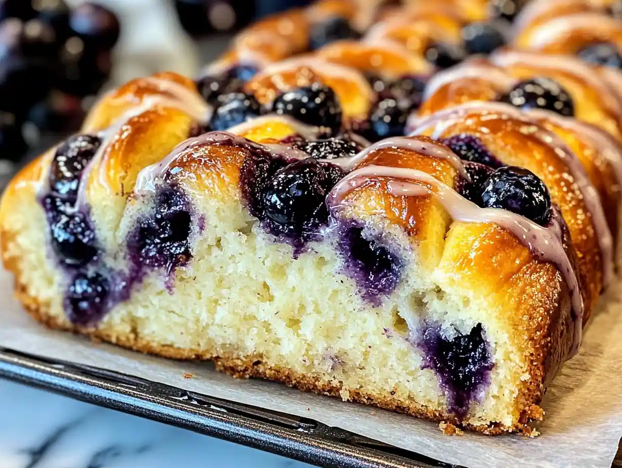 Moist and tangy Lemon Blueberry Swirl Bread with a golden crust and visible blueberry swirl patterns.