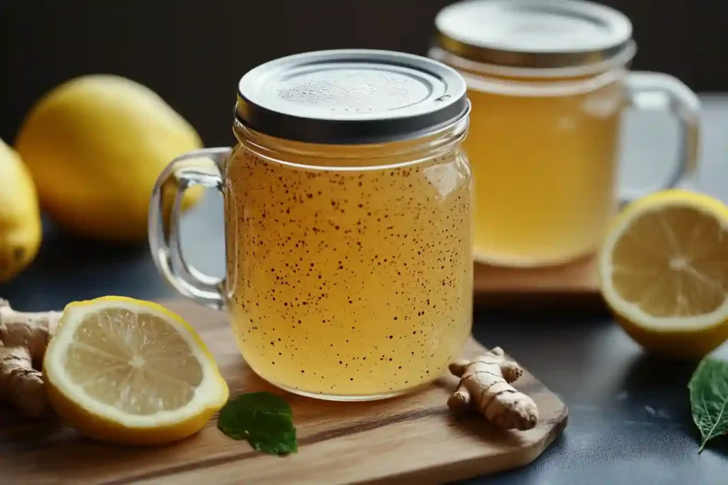 A steaming cup of lemon ginger and turmeric tea with fresh ingredients