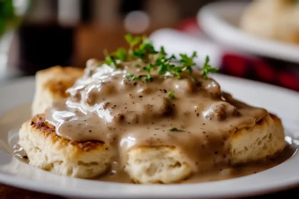 A plate of fluffy mashed potatoes topped with Sausage Turkey Fat Gravy, served alongside juicy roast turkey.