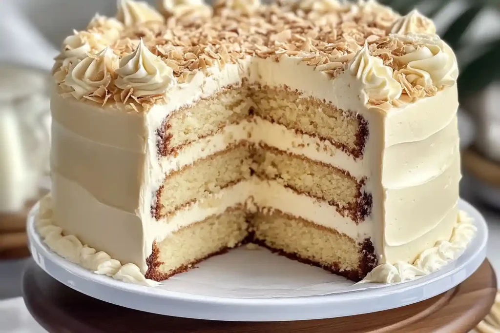 A cross-section of White German Chocolate Cake with a rich cheesecake center, topped with coconut-pecan frosting.