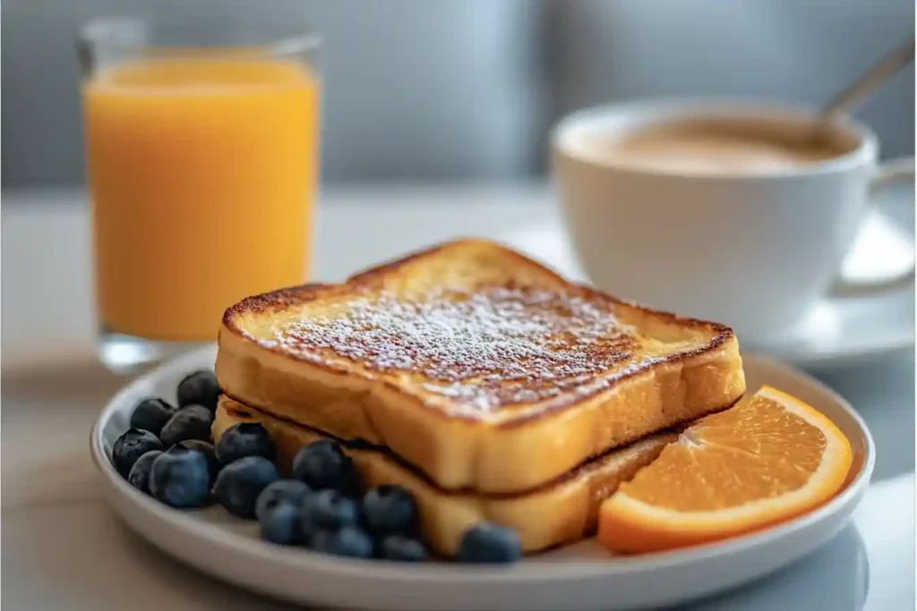 A plate of protein French toast topped with , fresh berries, and honey, captured in warm, natural morning lighting.