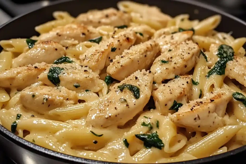 Family dinner setting with Garlic Parmesan Chicken Pasta as the centerpiece.