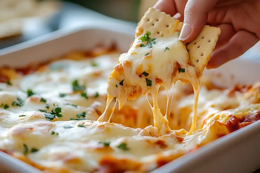 A homemade yet professional presentation of instant pot buffalo chicken dip in a rustic bowl garnished with green onions and melted shredded cheese.