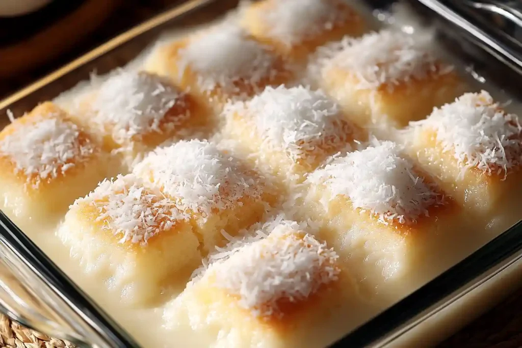 A beautifully frosted Coconut Cloud Cake with toasted coconut on top.