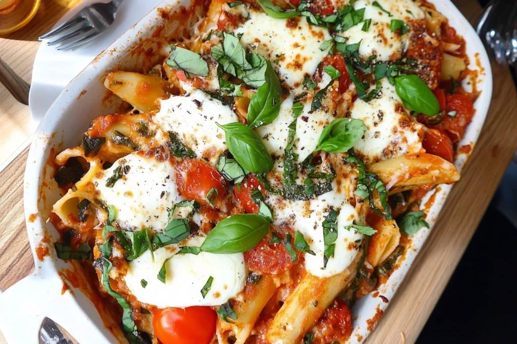 Deconstructed lasagna with cottage cheese, topped with fresh basil and marinara sauce on a plate.