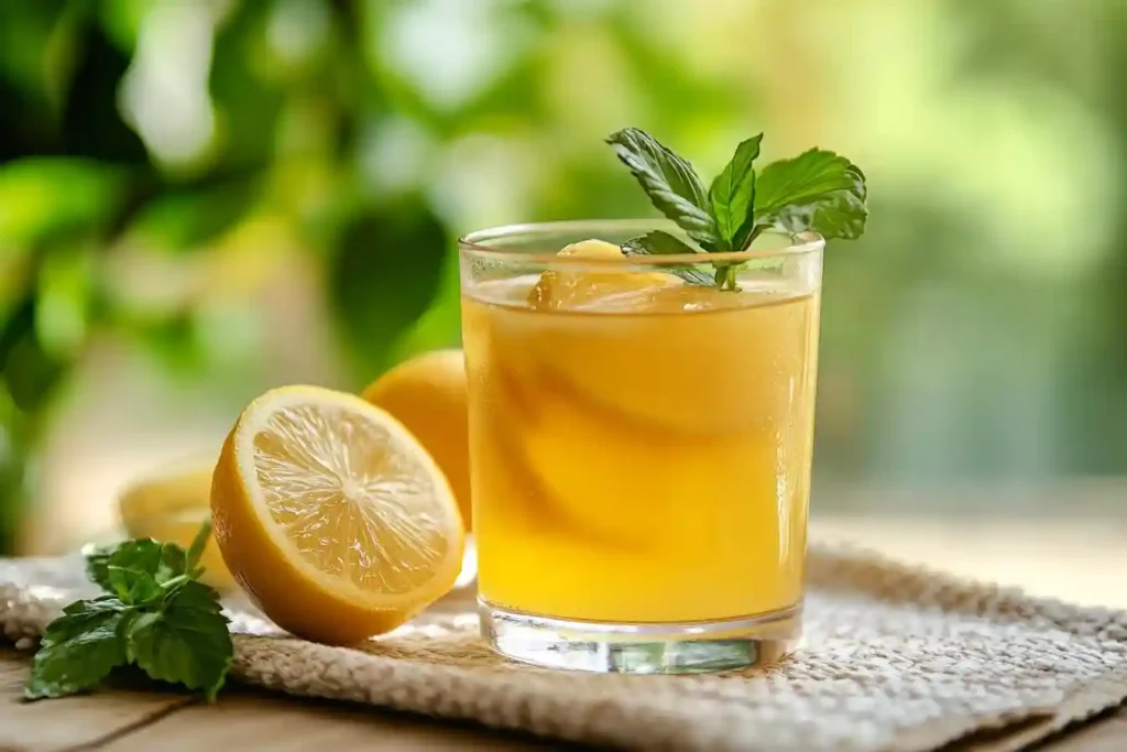 A glass of iced lemon grass tea with lemon slices and mint leaves.